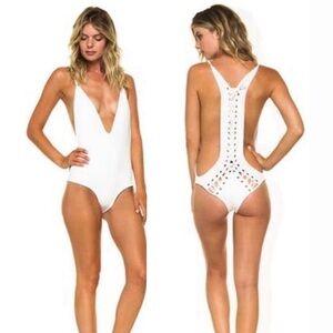 Pacific + & Driftwood Avry Deux one piece swimsuit festival leotard lace up 70s